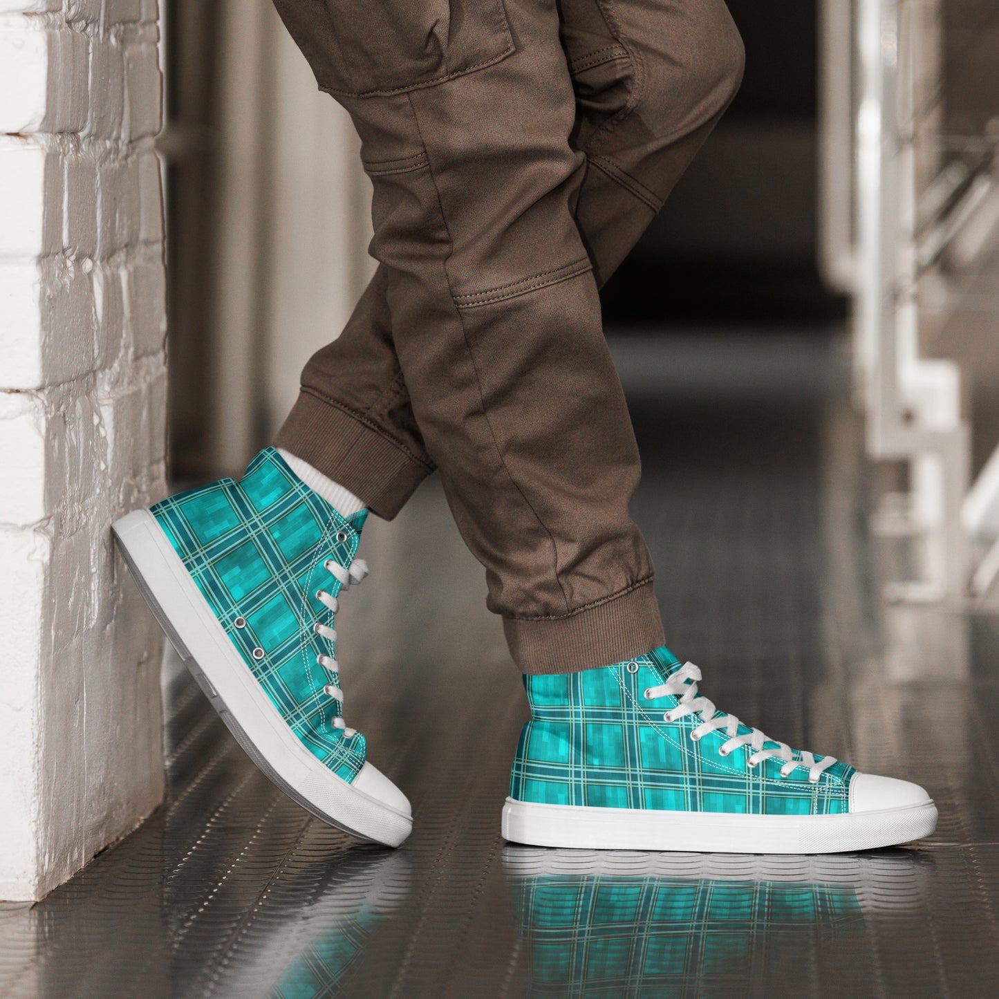 Men’s High Top Canvas Shoes Teal Plaid