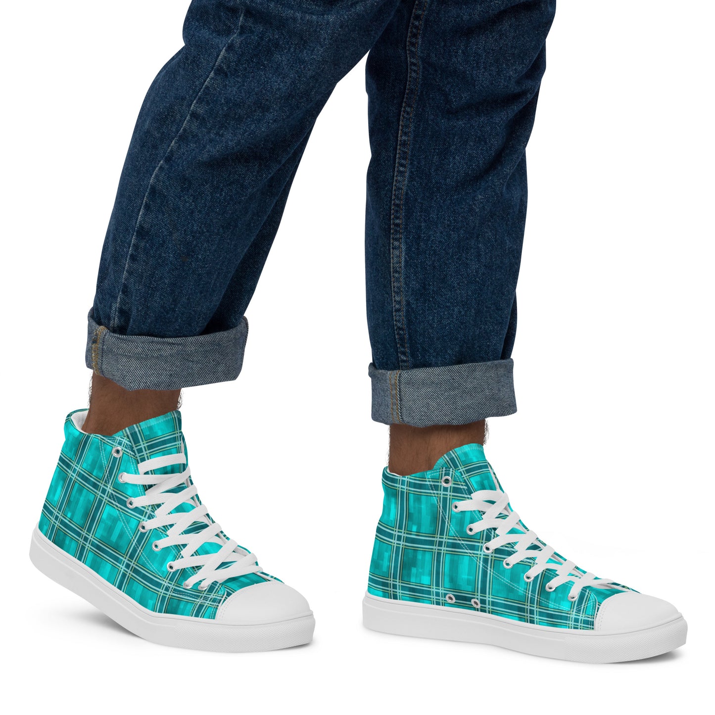 Men’s High Top Canvas Shoes Teal Plaid