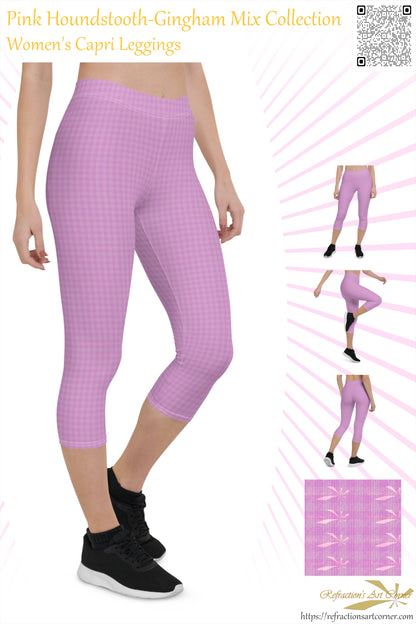 Women's Capri Leggings Pink Houndstooth-Gingham Mix