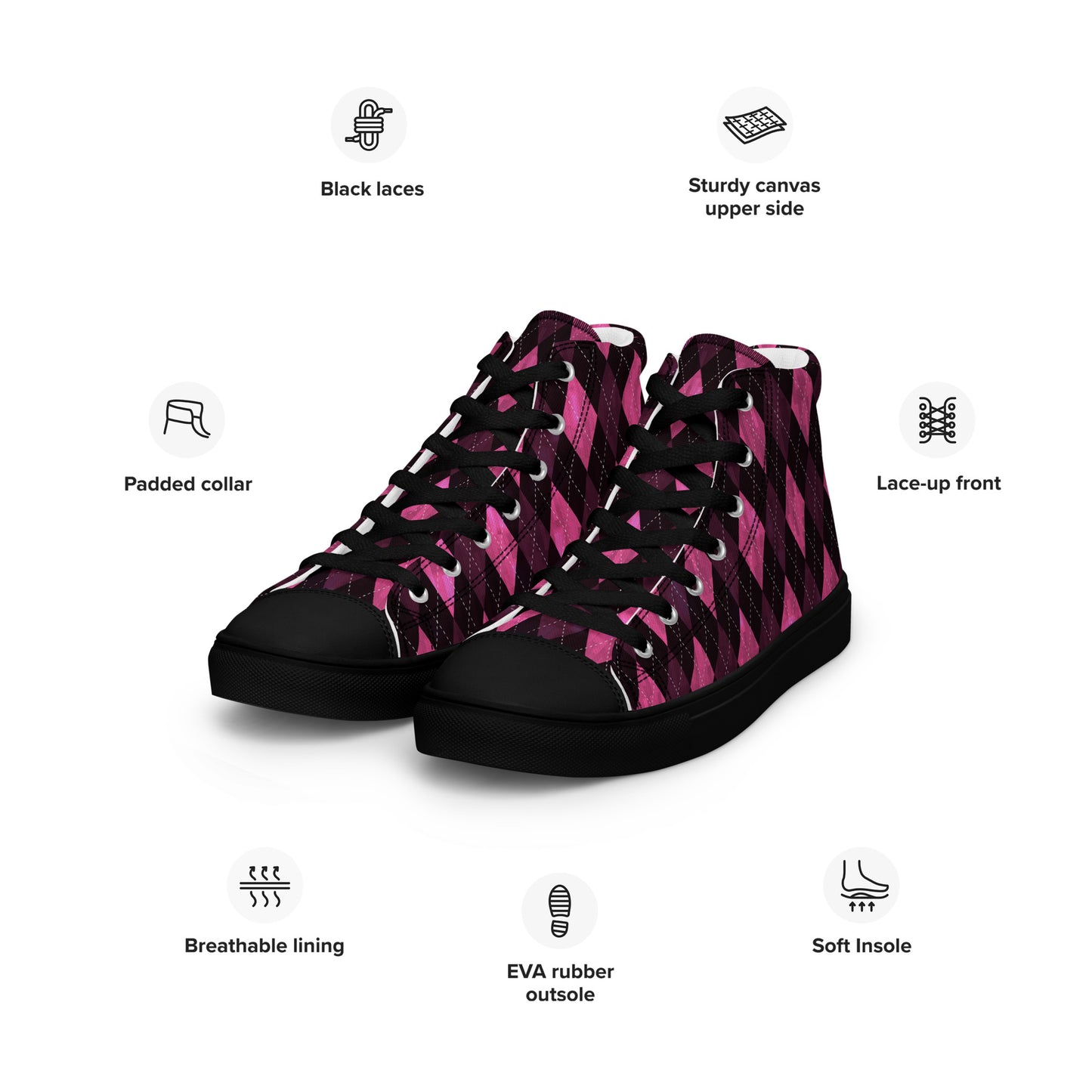 Women’s High Top Canvas Shoes Hot Pink Argyle