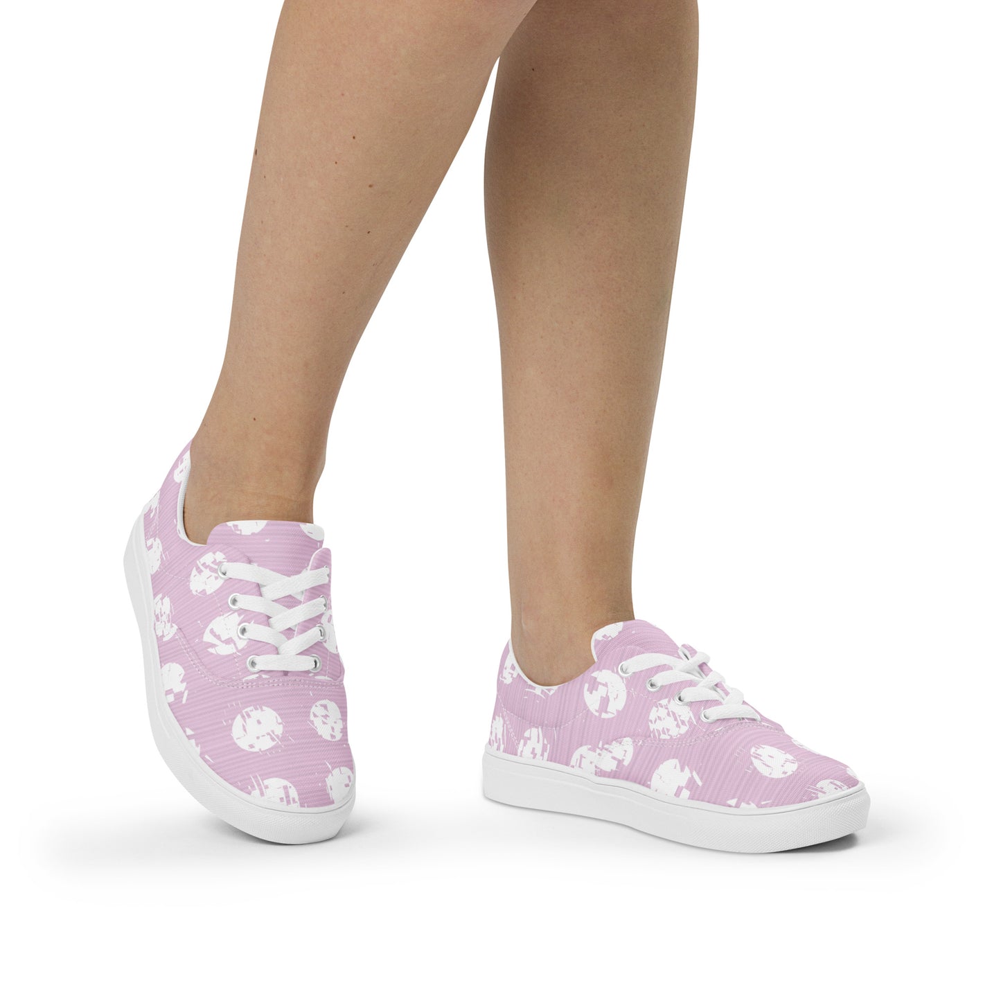 Women’s White Polka Dot Pink Lace-Up Canvas Shoes