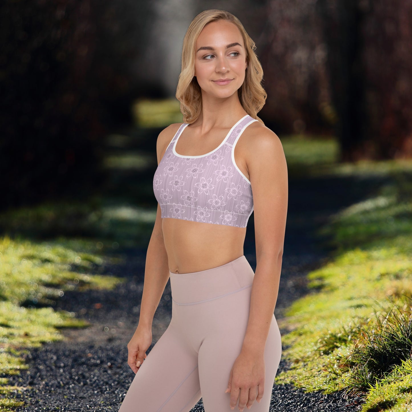 Women's Light Pink Floral Padded Sports Bra